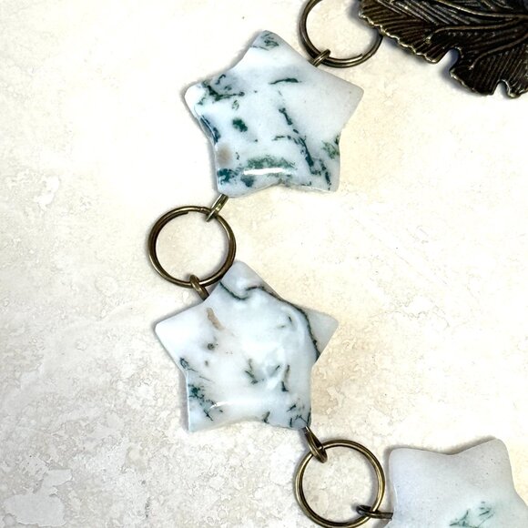 2/$20, Genuine White Green Tree Agate Bracelet, Gemstone Star +Bronze Grape Leaf - Picture 3 of 11